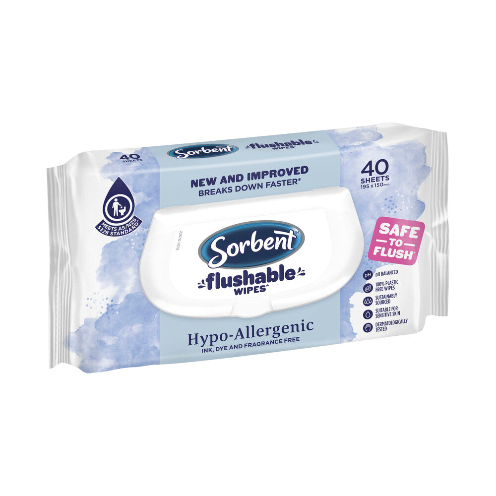 Sorbent Flushable Wipes Hypo-Allergenic 40pk