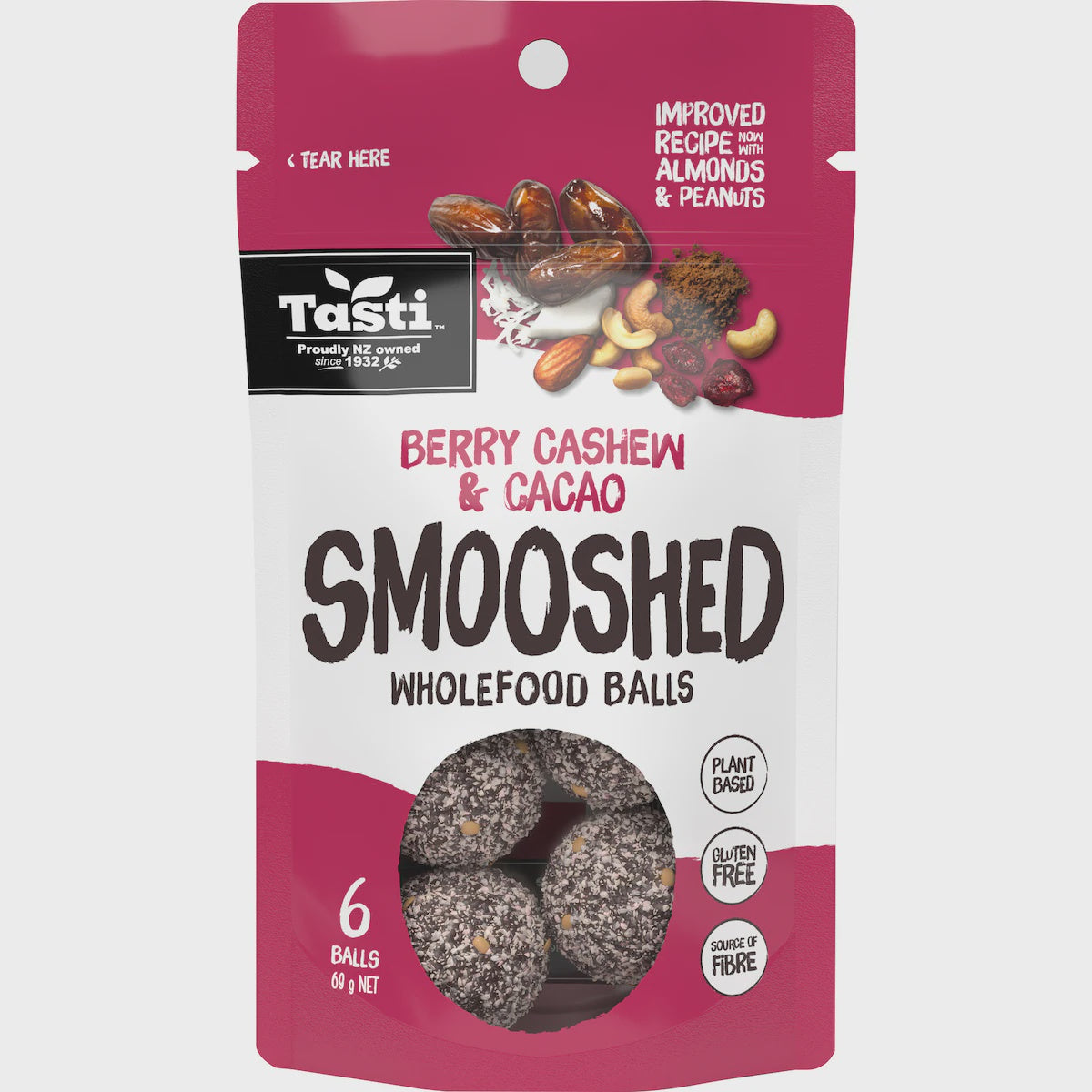 Tasti Smooshed Wholefood Balls Berry Cashew & Cacao 69g