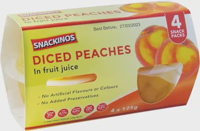 Snackinos Diced Peaches in Juice 125g 4pk