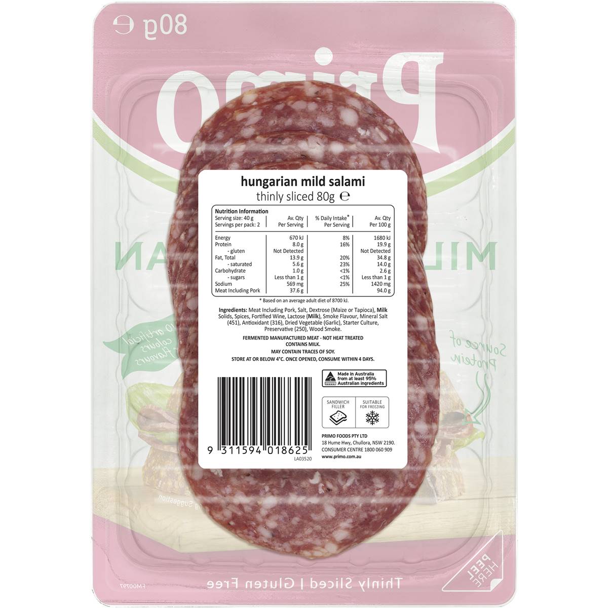 Primo mild Hungarian Salami 80g